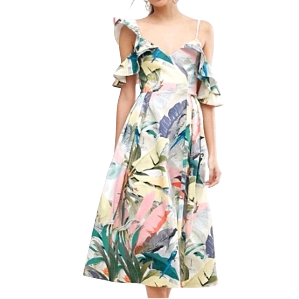 ASOS Tropical Print Cold Shoulder Ruffle Midi Dress Women’s Size 4 EUC